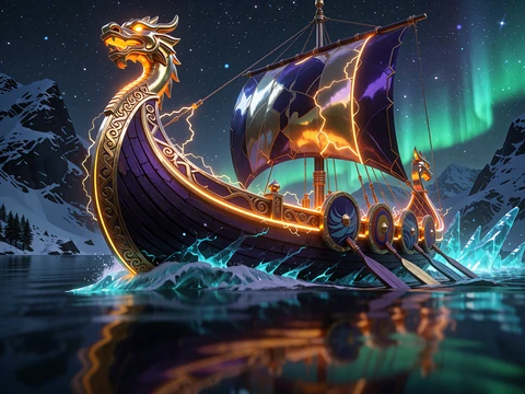 Slot-tema Nordlys: vikingeskib med guldtrimmet drageforstavn p&aring; en m&oslash;rk fjord under gr&oslash;nne nordlys