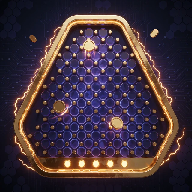 Plinko fra JB Originals: trekantet br&aelig;t af bl&aring; hexagonceller med guldpinde og en guldm&oslash;nt, der falder ned