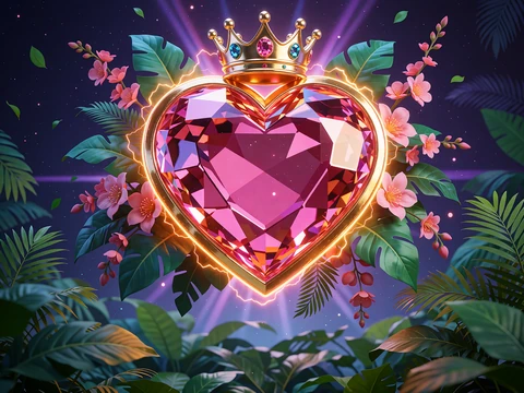 Juvel-slot med pink hjerteformet &aelig;delsten under en lille guldkrone over gr&oslash;nne junglblade