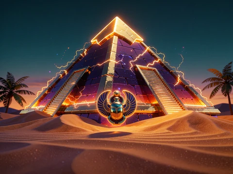 Slot-tema &Oslash;rken: lysende gylden pyramide og guld-skarab&aelig; over rippelende sanddyner under en teal aftenhimmel