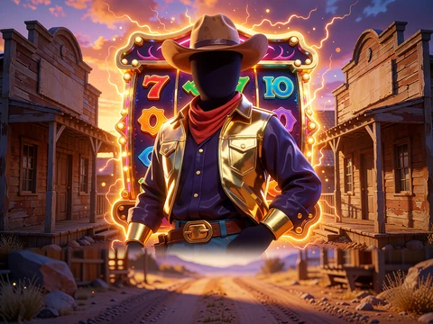 Slot-tema Vilde vesten: anonym tegneserie-cowboy i brun hat p&aring; en st&oslash;vet gade ved solnedgang