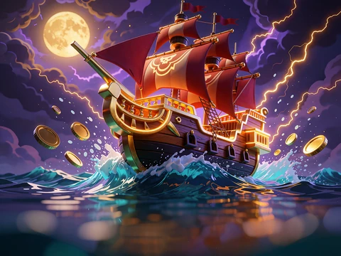 Slot-tema Pirat: tegneserie-galeon med karmosinr&oslash;de sejl p&aring; en turkis b&oslash;lge under en stormfuld violet himmel