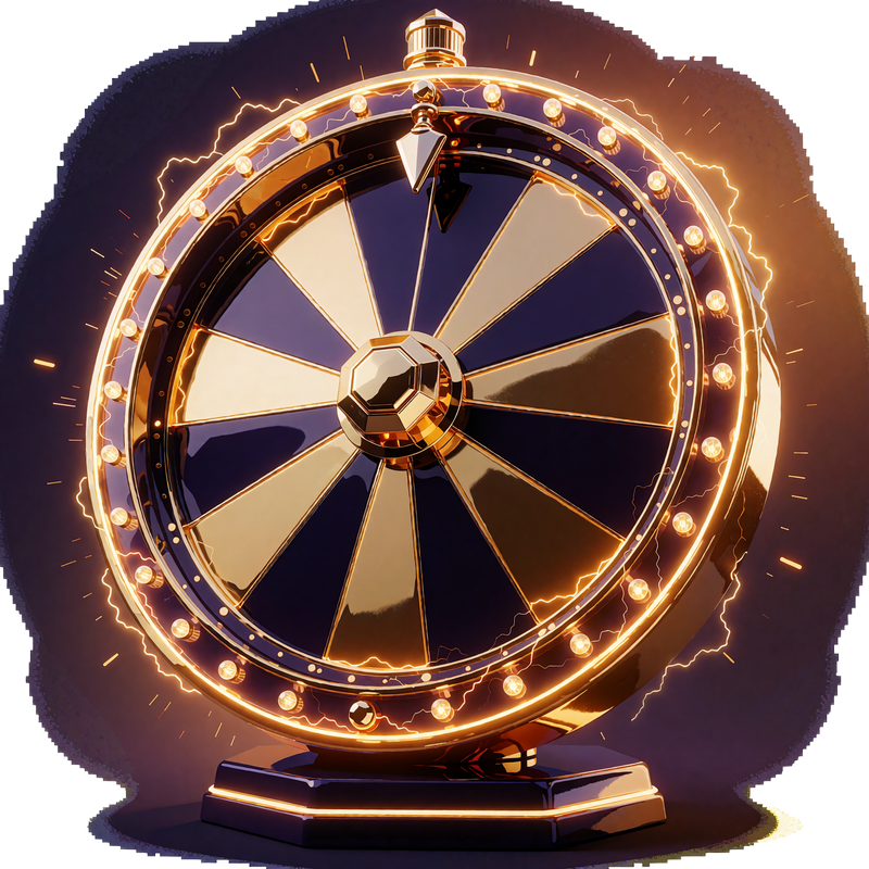 Gyldent lykkehjul med lysende p&aelig;rer p&aring; en sekskantet sokkel - Lucky Spins i JB Quest Hub