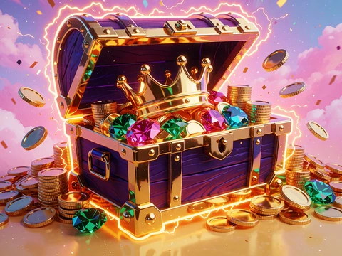 Skattekiste-slot med &aring;ben tr&aelig;kiste fuld af guldkrone, rubiner, smaragder og stablede m&oslash;nter