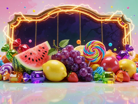 Slot-tema Slik og frugt: vandmelon, druer, citron og slikkepind p&aring; en lyser&oslash;d og mintgr&oslash;n baggrund