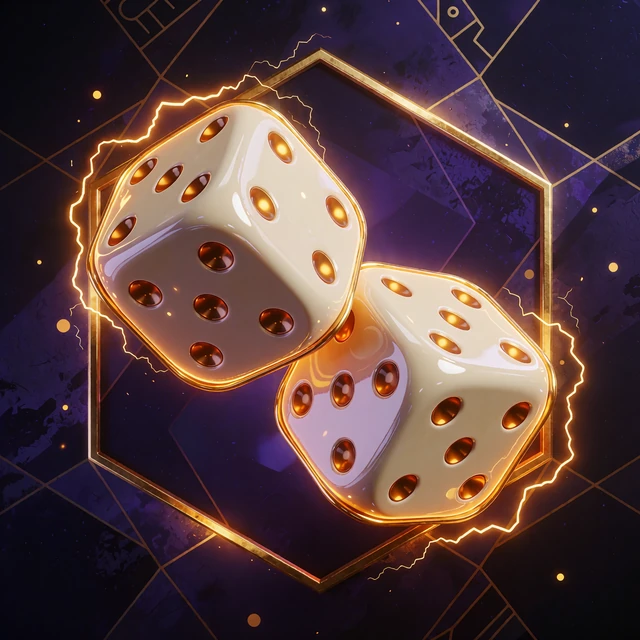 Dice fra JB Originals: to blanke elfenbensterninger med ravfarvede &oslash;jne, der tumler foran et gyldent gitter