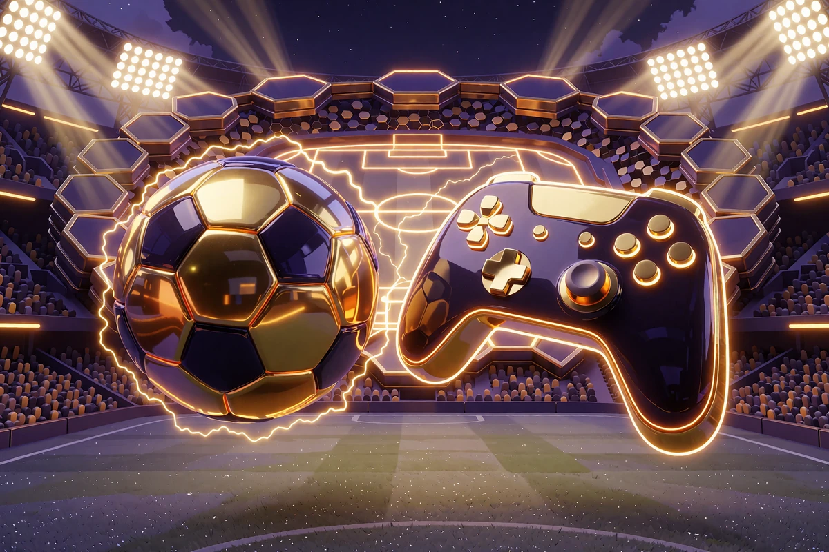 Sportsbook og esports hos JB Casino: fodbold og spilcontroller foran en stadionsk&aring;l af gyldne hexagoner