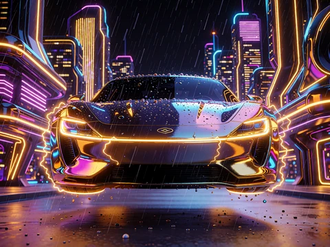 Slot-tema Neonby: futuristisk skyline med neonstriber og en sv&aelig;vende krombil med guldkant i let regn